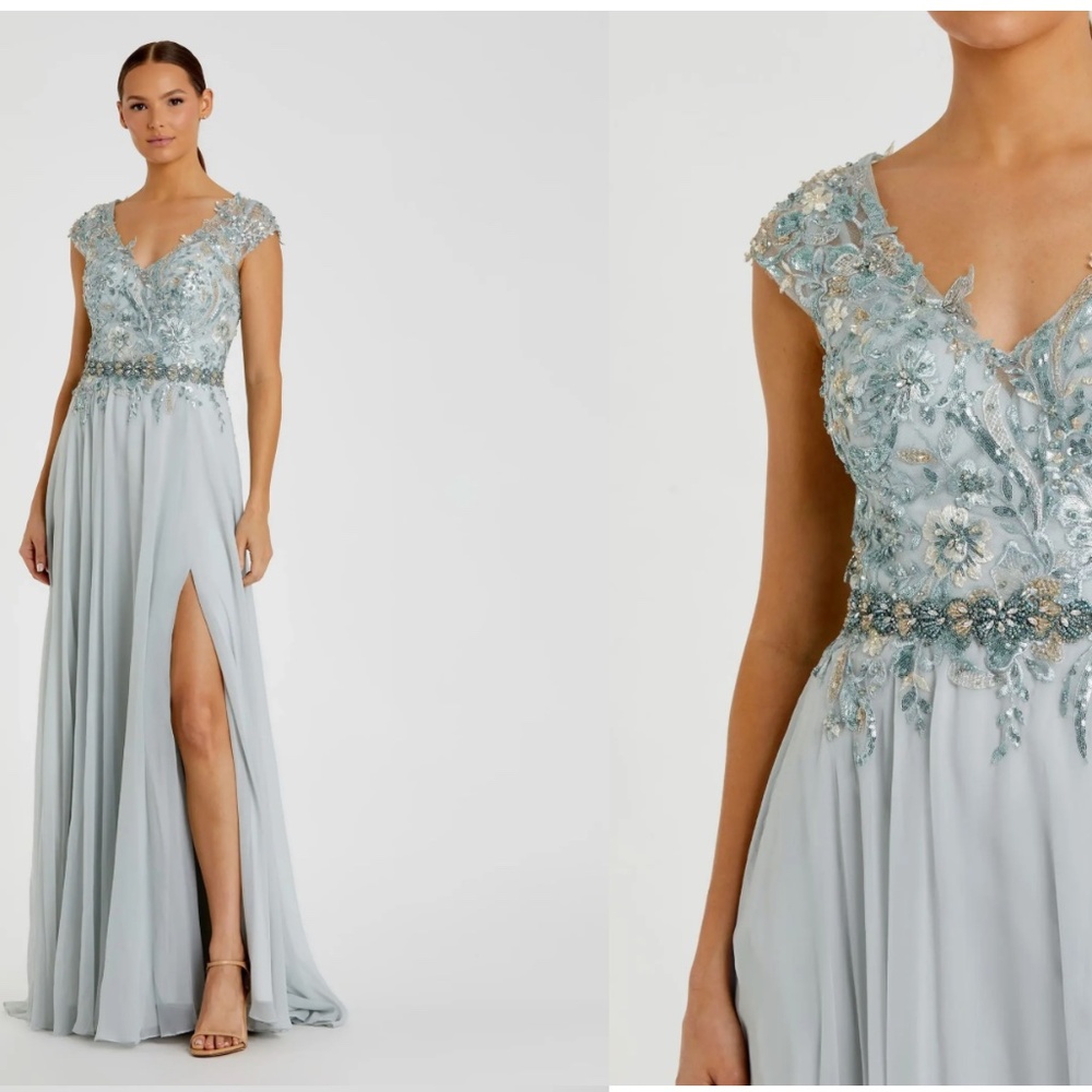 MAC DUGGAL 79365 EMBELLISHED CAP SLEEVE FLOWY BODICE SEAMIST CHIFFON GOWN sz 12